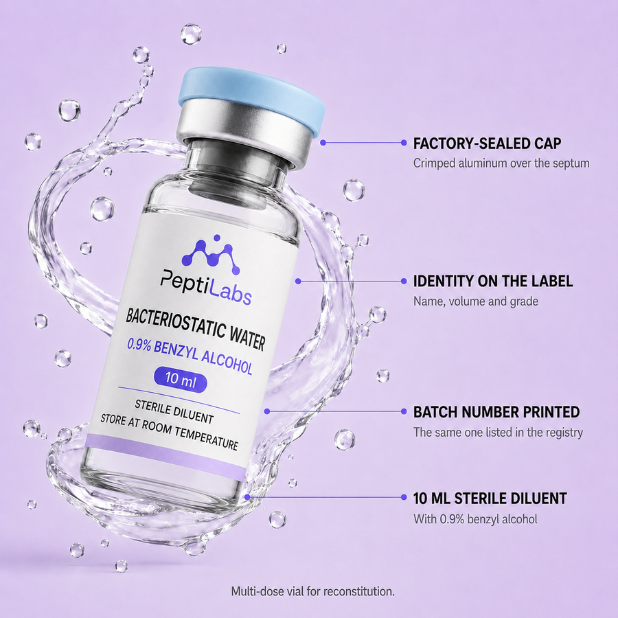 Bacteriostatic Water 10ml: annotated diagram of what the vial contains
