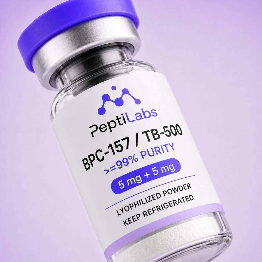 Primer plano de la etiqueta del vial del blend de BPC-157 y TB-500 de PeptiLabs