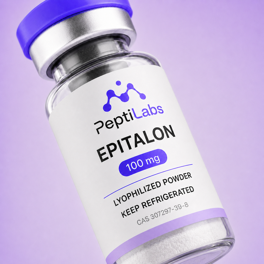 Primer plano de la etiqueta del vial de Epitalon 100 mg de PeptiLabs