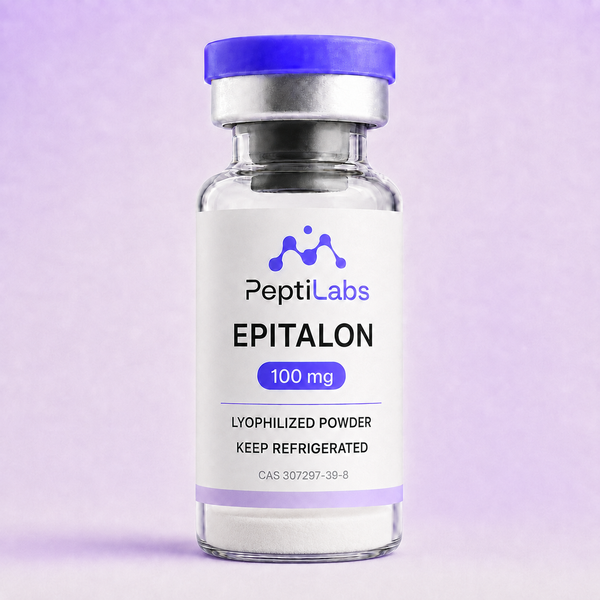 Vial de Epitalon 100 mg de PeptiLabs con el polvo liofilizado al fondo
