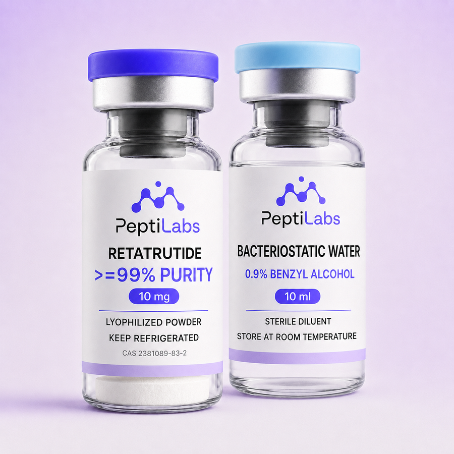 Pack Metabolic Starter de PeptiLabs: vial de Retatrutide 10 mg junto al agua bacteriostatica de 10 ml