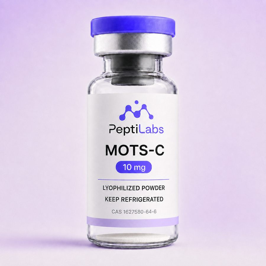 Vial de MOTS-c 10 mg de PeptiLabs con el polvo liofilizado al fondo