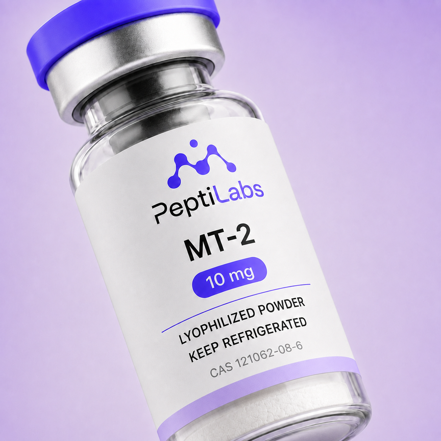 Primer plano de la etiqueta del vial de MT-2 10 mg de PeptiLabs