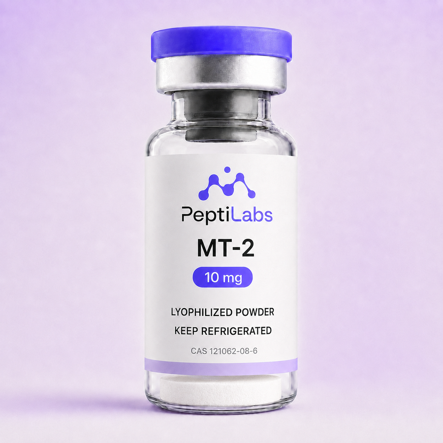 Vial de MT-2 10 mg de PeptiLabs con el polvo liofilizado al fondo