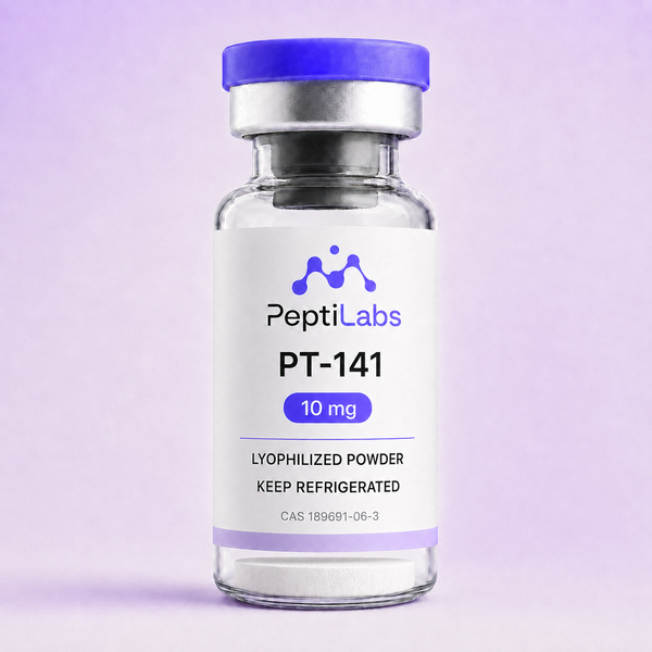 Vial de PT-141 10 mg de PeptiLabs con el polvo liofilizado al fondo
