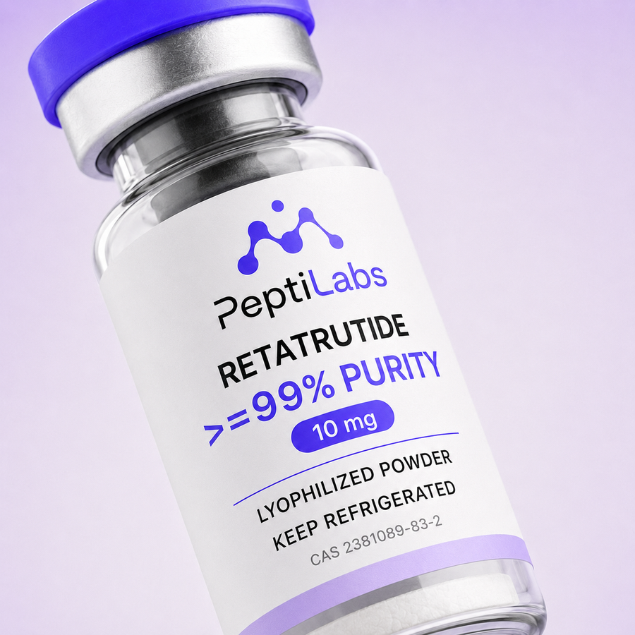 Detalle de la etiqueta del vial de Retatrutide 10 mg de PeptiLabs