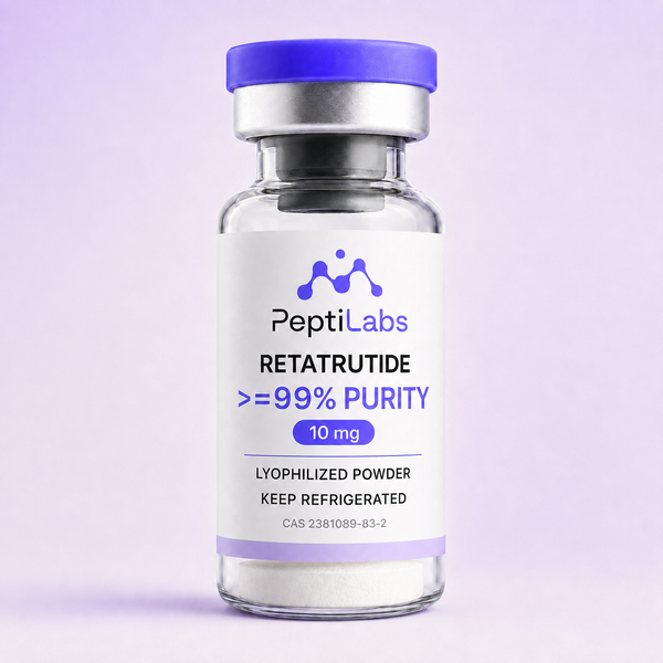 Vial de Retatrutide 10 mg de PeptiLabs con el polvo liofilizado visible