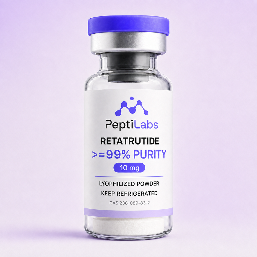 Vial de Retatrutide 10 mg de PeptiLabs con el polvo liofilizado visible