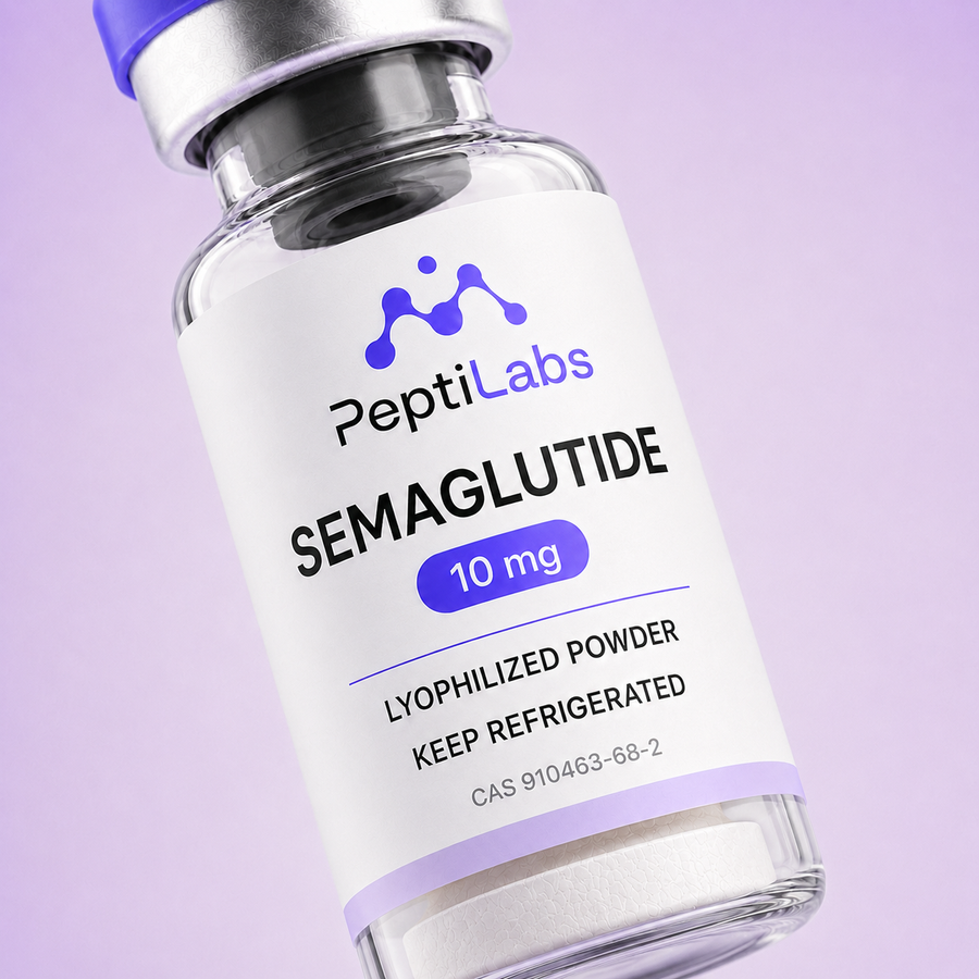Primer plano de la etiqueta del vial de Semaglutide 10 mg de PeptiLabs