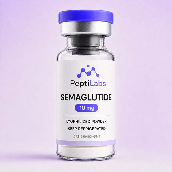 Vial de Semaglutide 10 mg de PeptiLabs con el polvo liofilizado al fondo