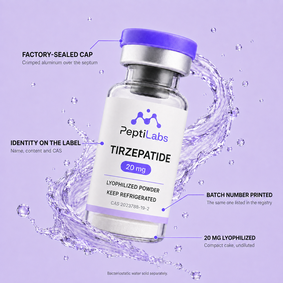 Tirzepatide 20mg: annotated diagram of what the vial contains