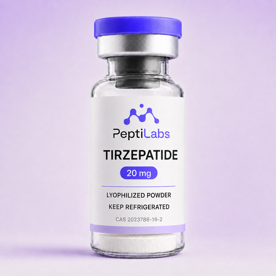 Vial de Tirzepatide 20 mg de PeptiLabs con el polvo liofilizado al fondo